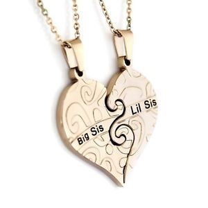 Gold Necklace Big SIS Lil SIS Sister Heart Gold Pendant Necklaces Set 2pcs