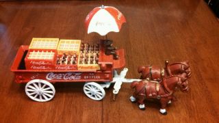 Vintage Coca Cola Cast Iron Horse Drawn Wagon with Mini Coke Crates Bottles