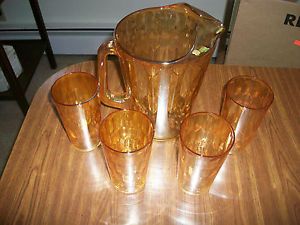 Peach Luster Water Juice Pitcher 4 Glass Set Lusterware Glasses Gold