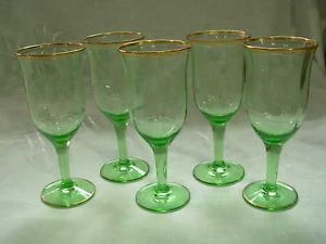 5 Vintage Green Vaseline Depression Glass Rib Optic Wine Glasses with Gold Bands