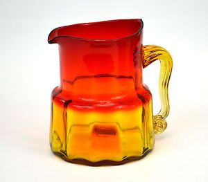 Blenko Jonquil Optic Amberina Glass Water Pitcher Jug Mid Century Modern