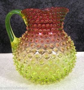 Antique Hobbs Victorian Rubena Verde Cranberry Vaseline Glass Water Pitcher