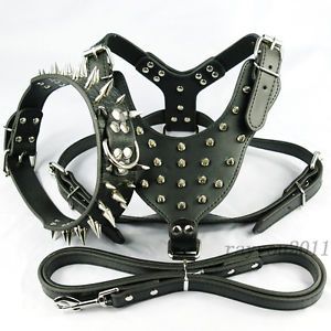 New Spiked Studded Leather Dog Harness Collar Leashes Set More Sizes Available