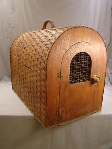 LG Antique Edwardian Wicker Pet Carrier Wood Dog Kennel Crate Cat Primitive Cage