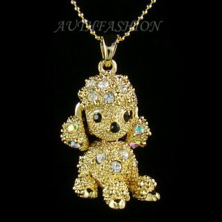 Puppy Dog Poodle Gold Color Kids Crystal Pendant Necklace Charm Free Gift Box