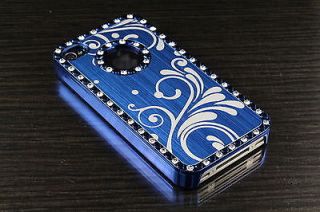 Blue Luxury Bling Chrome Aluminum Diamond Hard Case Cover for iPhone 4 4S