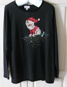 Quacker Factory Black Dog Embroidered Sequin Sweater Large