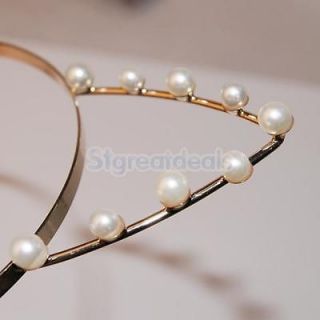 Cute Korean Style Pearl Beads Cat Ear Headband Hair Band Headwear Party Gift