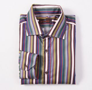 $350 ETRO Milano Bold Stripe Button Front Cotton Dress Shirt 42 L Spread Collar