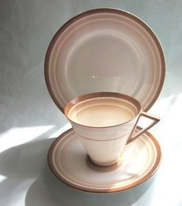 Shelley Art Deco Eve Shape Brown Bands Trio Cup Saucer Plate