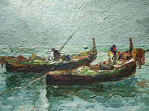 Early Primitive Painting Fishing Boats American Folk Art Oil Wood Board O B