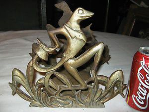 Antique Art Nouveau Frog Cast Iron Bronze Fish Tank Stand Holder Bookends Rack