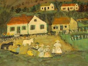 Antique Primitive Naive American Folk Art Painting on Board Family Farm Scene