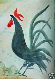 Original Drawing Watercolor Modern Rooster Russian Art on White Paper Pronkin