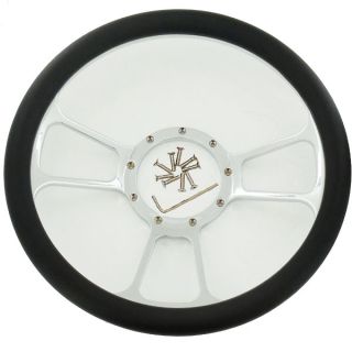 W Half Wrap Black Leather 14"Billet Chrome Split Tri Spoke Style Steering Wheel