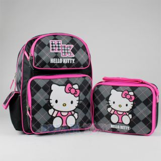 14" Medium Sanrio Hello Kitty Backpack and Lunch Bag Set Black Argyle Girls