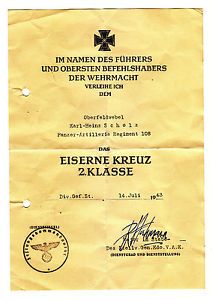 German Iron Cross 2nd Class Medal Award Document Certificate