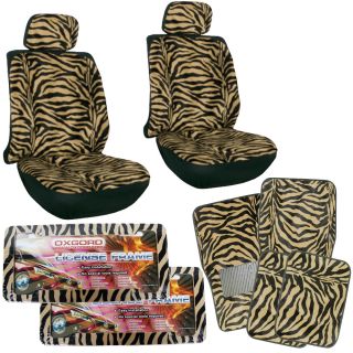 12 PC Set Brown Zebra Tiger Print Bucket Seat Covers Mats License Plate Frames