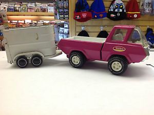 Vintage Pink Tonka Pick Up Truck w Horse Trailer Pressed Steel Car 1970s