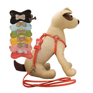 PU Leather Dog Leash Dog Harness Adjustable Step Rhinestone for Small Medium Dog