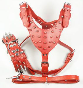 Red Leather Studs Dog Harness Spikes Collar Leash Set Pit Bull Husky Terrier