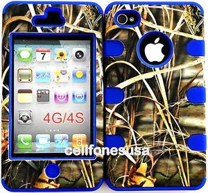 Apple iPhone 4 4S Hybrid Cover Case Silicone Straw Grass Mossy Camo Royal Blue