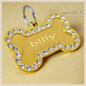 Pet ID Tags Double Crystal Gem Side Engraved Stainless Steel Tag Dog Name Tag