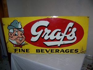 Large Vintage 1950's Graf's Beverages Root Beer Soda Pop 54" Embossed Metal Sign
