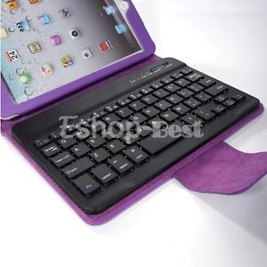 Removable Wireless Bluetooth Keyboard Deluxe Leather Case for iPad Mini Purple