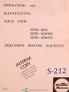 Sunnen Honing MBB 1650 MS JIC Honing Machine Operation Maintenance Manual