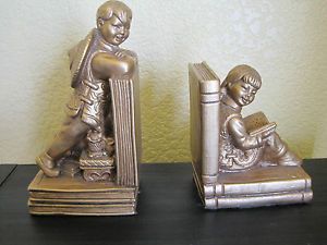 Pair Charming Chinese Children Boy Girl Bookends Universal Statuary Book Ends