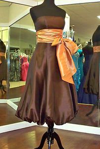 Bill Levkoff Designer Tea Length Bridesmaid Dress Brown Orange 4 Bow Short Strap