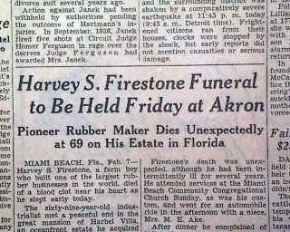 Harvey Firestone Death Rubber Tires 1938 Detroit Michigan Newspaper