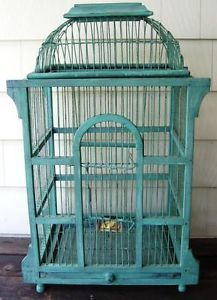 Vintage Antique Shabby Green Painted Wood and Wire Bird Cage