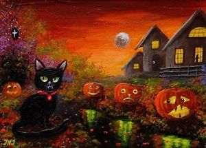 ACEO Original Mini Painting Halloween Vampire Black Cat Haunted House 2 5"x 3 5"