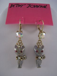 Betsey Johnson Tzarina Cat Crystal Glitter Silver Gold Tone Charm Earrings New