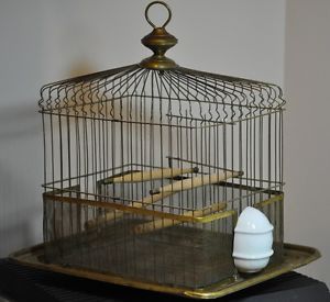 Small Rectangular Antique Bird Cage with Hendryx Milk Glass Feeder Adorable