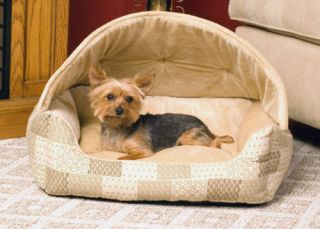 K H Mfg "Recycled" Lounge Sleeper Hooded Tan Patchwork Pet Dog Cat Bed