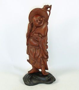 Antique Chinese Wood Carving Figure of Man w Peach Standing on Money Bag