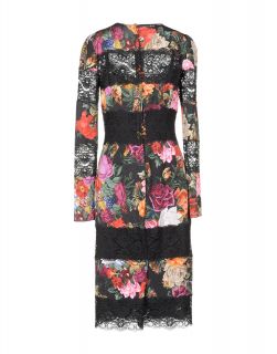 Dolce Gabbana Tapestry Printed Silk Cotton Black Lace Long Sleeves Dress