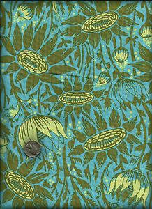 "Lou Lou Thi" Coreopsis Print Olive Sage on Blue Fabric by Anna Maria Horner
