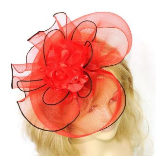 Large Red Hair Hat Fascinator Clip Veil Flower Ball Celebration Party Wedding