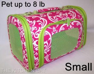 Pet Carrier Small Dog Travel Bed Tote Chihuahua Yorkie Brown Damask Blue Trim