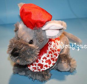 12"  Gray Plush Schnauzer Dog Red Beret Hat Cap Heart Valentine Stuffed