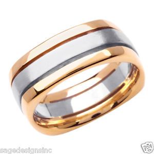 14k Tri Color Gold 3 Ring Square Flat Wedding Band 8 Mm