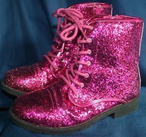 Pretty Girl 3 Bright Hot Pink Sparkly Glitter Combat Lace Up Granny Shoes Boots
