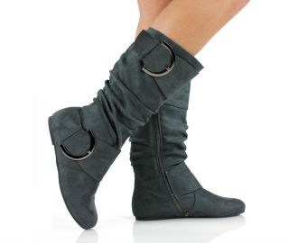 New Women's Mid Calf Faux Suede Flat Boot Fashion Slouch w Buckles