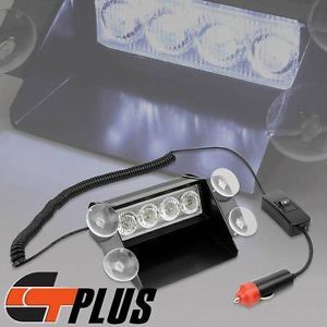 4 LED Emergency Light Dashboard Flashing Lamps w Suction Cups Cooling White Hot