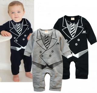 Baby Boy Wedding Tuxedo Suit Bowtie One Piece Romper Bodysuit Outfit Black 6 24M