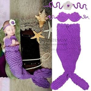 3 Pcs Baby Girls Newborn Infant Pearls Mermaid Crochet Knit Costume 0 12 Months